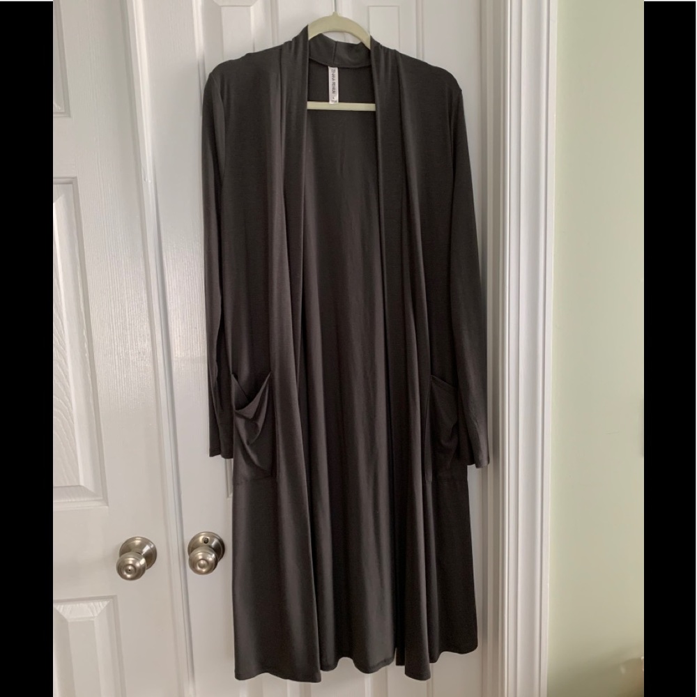 Long, solid gray cardigan with pockets!